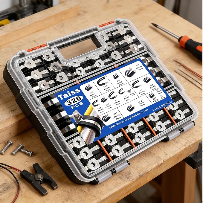 Taiss 320PCS Cable Clamps Assortment Kit 304 Stainless Steel Rubber Cushion Pipe Clamps 12 Sizes 3/16" 1/4" 5/16" 3/8" 1/2" 5/8" 3/4" 1" 1-1/4" 1-1/2" 1-3/4" 2" Wire Clamp(With two kinds of screws)