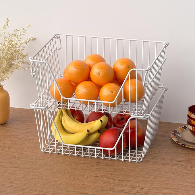 Slideep 14'' Large Stackable Storage Baskets Cabinet Organizer Sturdy Metal Wire Pantry Freezer Bin for Pantry Home Bathroom Kitchen Organization White - 4 Pack