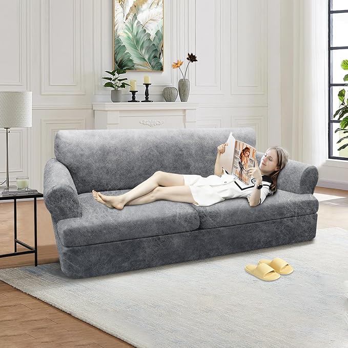 3-Pieces T Cushion Loveseat Slipcovers Leather Look Couch Cover Loveseat Covers for 2 Cushion Couch Furniture Protector Stretch Sofa Cover with 2 Individual T Cushion Seat Covers, Light Grey