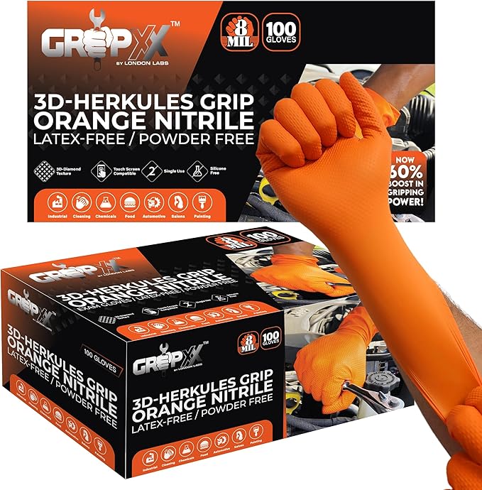 Herkules Grip Heavy Duty 8Mil Orange Nitrile Gloves,3D Raised Diamond Texture-Latex & Powder Free-Industrial, Mechanic (2, Small)