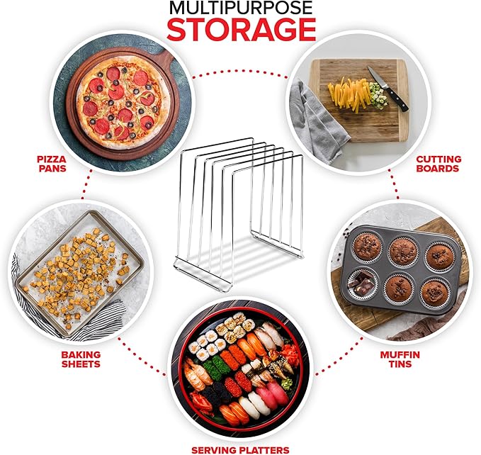 Stock Your Home Chrome (2 Pack) Extra Tall Steel Baking Pan Organizer Rack for Cabinet Storage or Kitchen Counter, Cookie Baking Sheet Organizer with Dividers, Muffin Tin and Cutting Board Holder