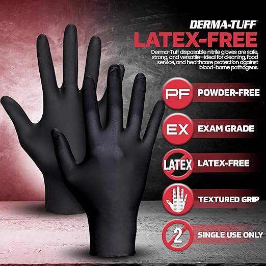 Derma-Tuff Powder Free Nitrile Disposable Gloves | 6 Mil - Med 120 Ct | Latex Free, Chemical + Puncture Resistant, Fully Textured Grip, Beaded Cuff, for Automotive, Maintenance, Industrial | 66582