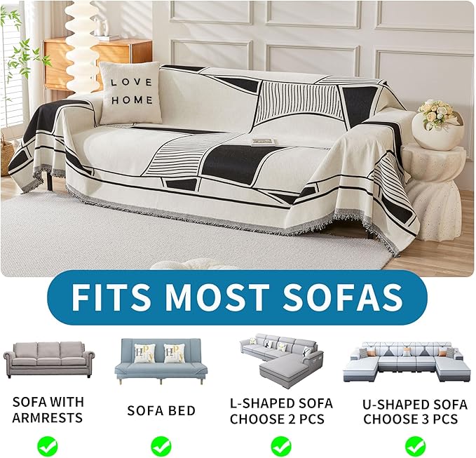 HAOMAIJIA Non Slip Sofa Cover - Washable Sectional Couch Covers for Dogs & Pets - Living Room Furniture Protector (Black-Cream, 71"x134")