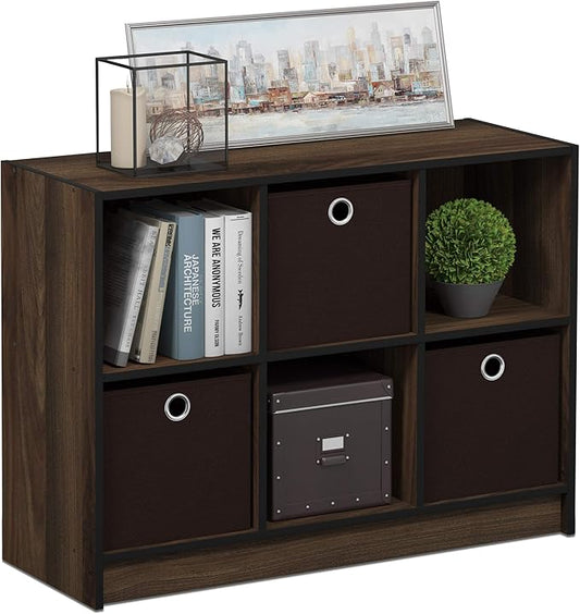 Furinno BASIC Book Shelf, 6-Cube Bookshelf with Open Shelf, 3 x 2 Bookcase with Storage Bins, Closed Back, Horizontal, 11.9" x 31.6" x 23.6", for Living Room, Bedroom, Home Office, Columbia Walnut