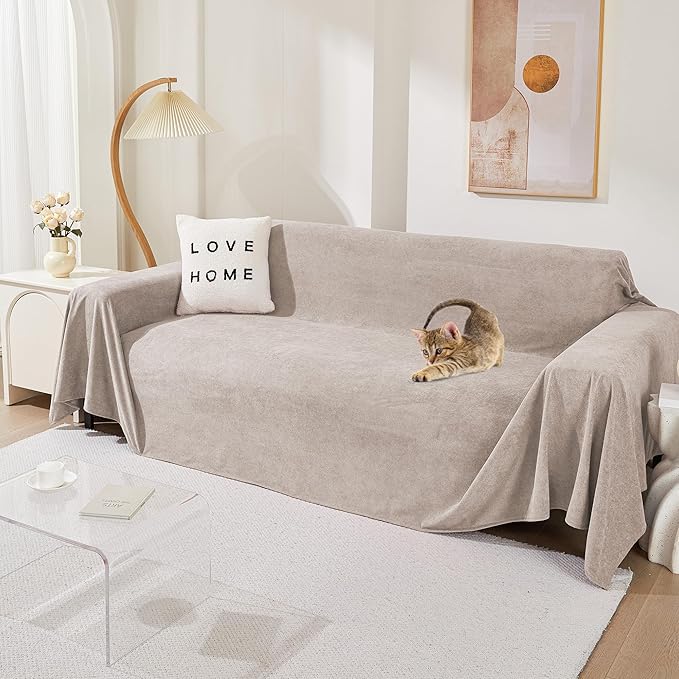 MEETSKY Couch Cover for 3 Cushion Sofa, Cat Scratch Proof Couch Protector Washable Sofa Covers Sectional Couch Covers for Dogs Soft L Shape Sofa Slipcover for Pets Kids, 91" x134”, Oat