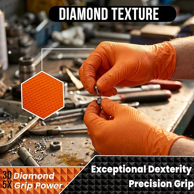 10 Mil Nitrile Disposable Gloves Heavy Duty Mechanic Gloves Raised Diamond Texture Thick (Orange of 1000, Large)