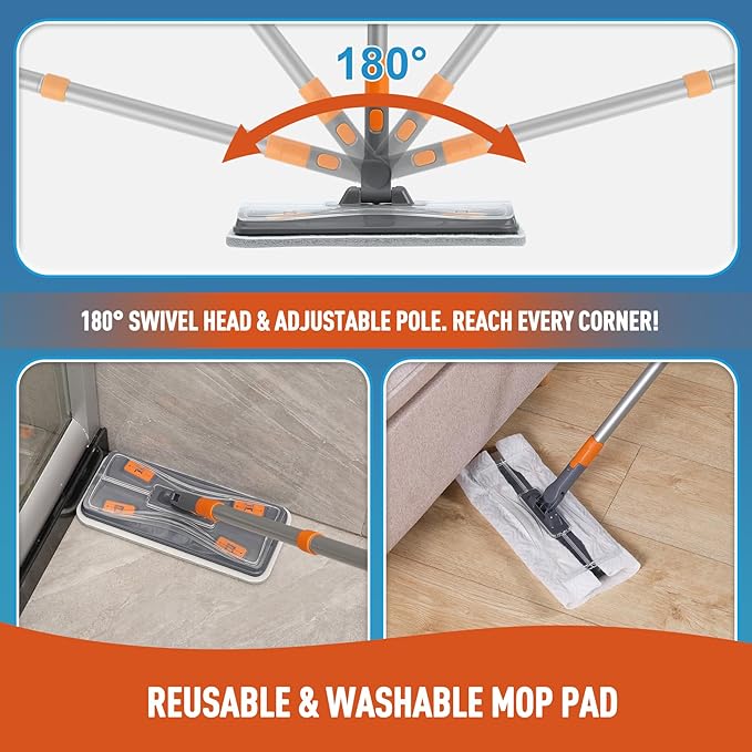 Lightweight Flat Mop with 10 Disposable & 1 Washable Pads, Scrubber for Wet/Dry Hardwood Floor Cleaning, Tile Grout Cleaner, Microfiber for Laminate, Pet Hair Dust
