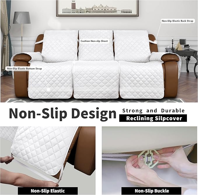Easy-Going Recliner Sofa Cover, Reversible Couch Cover for 3 Seat Recliner, Split Sofa Cover for Each Seat, Furniture Protector with Elastic Straps for Kids, Dogs, Pets(3 Seater, White/White)