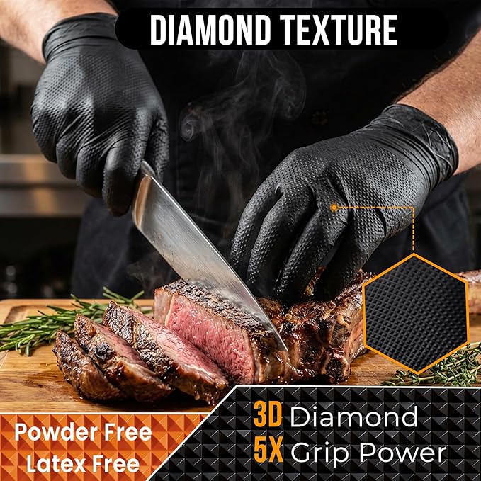 Heavy Duty 10 Mil Nitrile Disposable Gloves with Raised Diamond Texture, Latex-Free, Powder-Free, Extra Strong, Chemical Resistant, Durable for Mechanics, Industrial Work, Auto Repair, Large