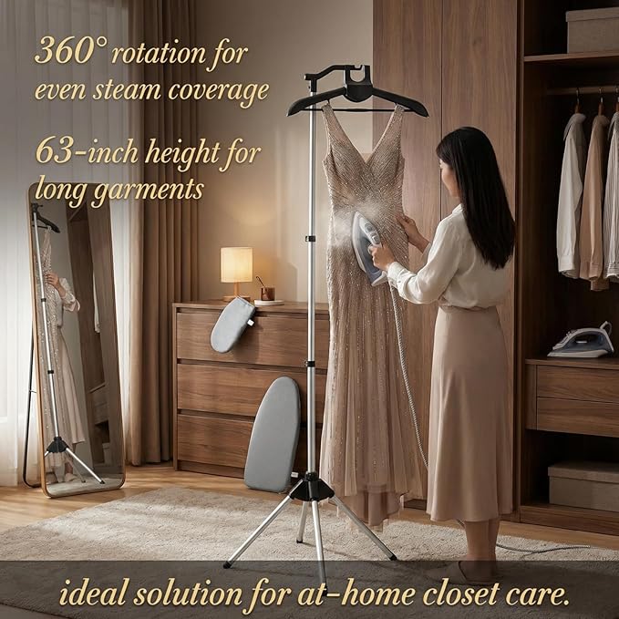 Garment Steamer Rack, 63 Inch Stand Up Steamer with Ironing Board & 5 Dust Bags, Foldable Clothes Steamer Stand Hanger for Travel Home
