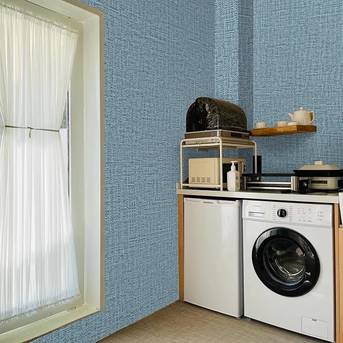 Peel and Stick Wallpaper Blue Grass Cloth Wall Paper - 15.7 x 300 Inch Self Adhesive Wallpaper Peel and Stick, Easy to Paste Wall Contact Paper for Stand Liner, Table and Door Makeover Decor