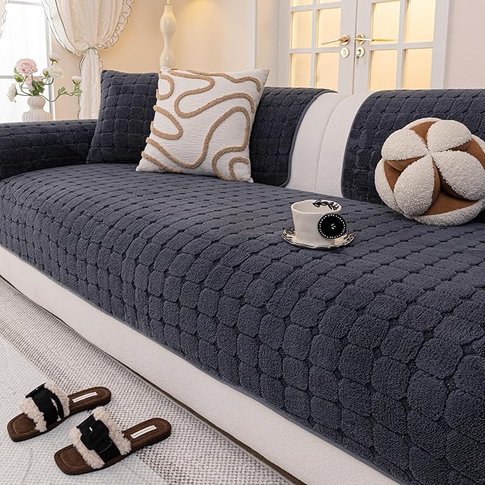 Velvet Sofa Covers Washable, Plush Warm Couch Cover for Sectional Sofa, Funny Fuzzy Couch Covers for Pets&Kids, Non-Slip Sectional Sofa Cover(1PC, Dark Grey, 35.4"×82.7", Large Sectional)