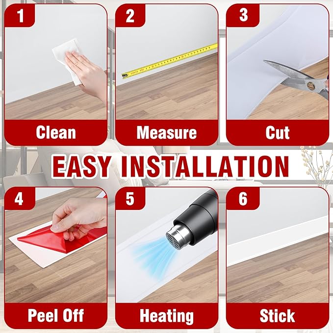 Vinyl Baseboard Molding Trim 6 Inch x 60 Feet Peel and Stick Baseboard Trim Flexible PVC Cove Base Moulding Self-Adhesive Trim for Garage Bathroom Cabinet Floor Walls, White