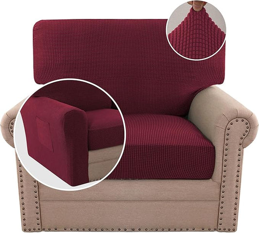 H.VERSAILTEX Multi-Pieces Chair Covers Stretch Couch Covers Form Fitted Seat and Back Cushions Covers (1 Seat Cover Plus 1 Back Cusion Cover, Bonus 2 Armrest Covers), Burgundy