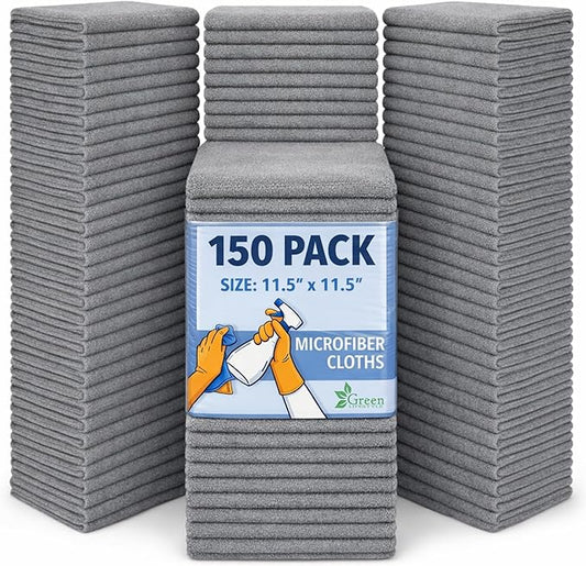 GREEN LIFESTYLE Chamois Cloth, Microfiber Cleaning Cloth 150 Pack, Borderless Towels Cleaning, Car Microfiber Towel, Drying Car Wash Towels (11.5" x 11.5", Grey)