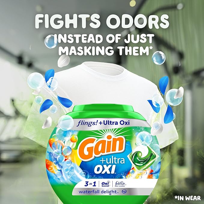 Gain Flings Ultra Oxi Laundry Detergent Pacs, 102 Count, Waterfall Delight Scent, with Odor Defense, concentrated laundry soap pacs