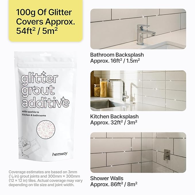 Hemway Mother of Pearl Iridescent Glitter Grout Additive 100g Metallic Flakes for Adding Sparkle to Kitchen & Bathroom Tiles | Enhance Your Indoor Grouting Projects with a Durable Sparkly Effect