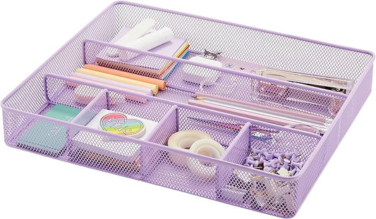 Annova Desk Top Organizer/Storage Tray - Metal Mesh with Dividers for Pens, Desktop Accessories, Bathroom, Kitchen, Makeup and Office Supplies (Large, Light Purple)
