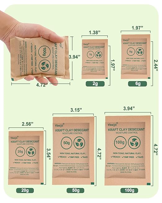 50 Gram (40 Pack) Kraft Clay Desiccants Packs, Premium Food Grade Desiccant - Rechargeable Moisture Absorbers for Food Storage, Electronics, 3D Filament & Safes
