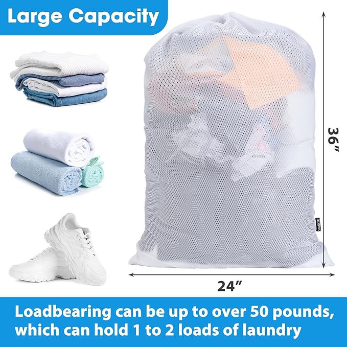 1Pack XL Heavy Duty Mesh Laundry Bag, Machine Washable Large Dirty Clothes Organizer with Drawstring, Fits Laundry Baskets or Hampers Essentials for Dorm, College, Travel, Camp, Sport - 24" x 36"