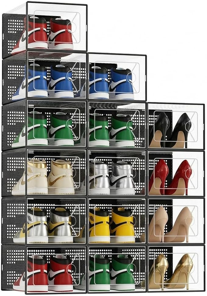 DUMOS Stackable Shoe Storage Boxes, 15-Pack Plastic Shoe Organizers with Lids, Large Shoe Rack & Holder for Closet, Under Bed, Entryway, Sneaker Display and Storage Containers, Black