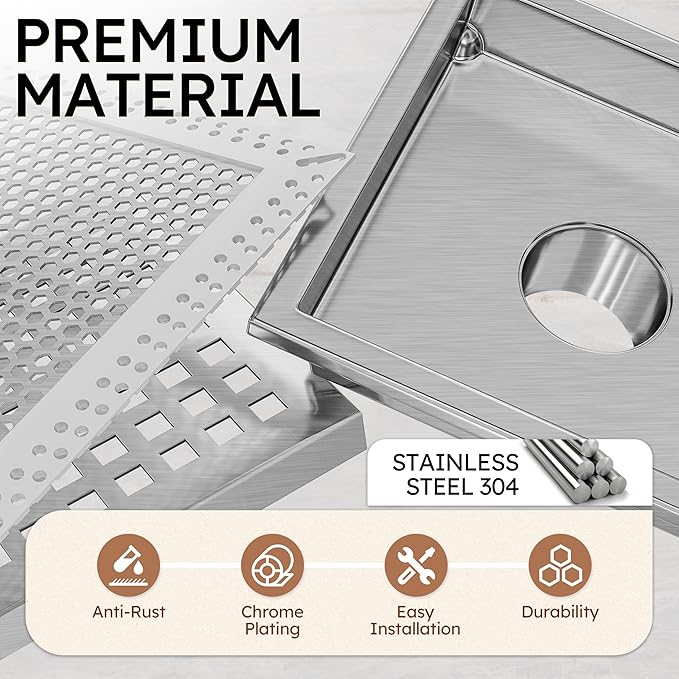6 Inch Brushed Nickel Square Shower Drain with Flange,Modern Floor Drain with Quadrato Pattern Grate Removable,SUS 304 Stainless Steel