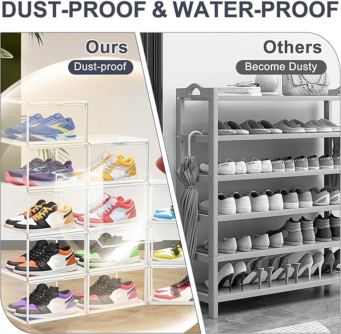 2 Pack Clear Shoe Boxes Size 12 Shoe Storage Organizer for Closet Stackable Shoes Rack Handbag Organizer Plastic Sneaker Storage Bin with Magnetic lids