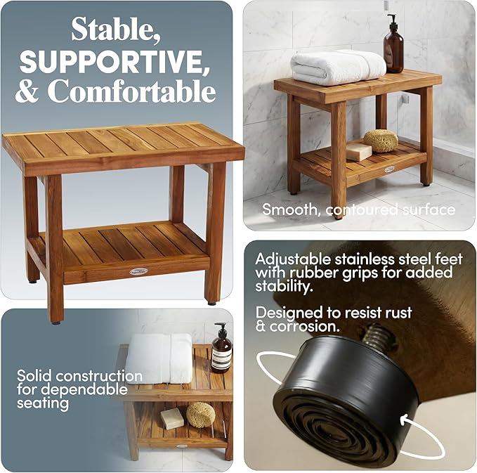 AquaTeak The Original 24" Fully Assembled Spa Teak Shower Bench - Shower Stool with Storage Shelf for Bathroom - Durable Water Resistant Shower Chair - Shaving Foot Rest - Indoor & Outdoor Use