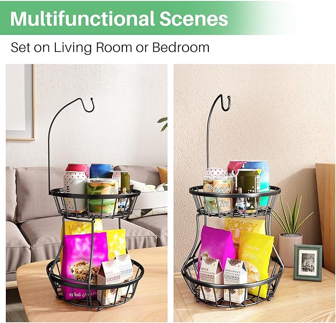 SAYZH 2-Tier Fruit Basket Bowl Stackable Vegetable Storage with Banana Tree Hanger Stand for Kitchen Countertop, Metal Wire Basket for Bread Onions Potatoes Black
