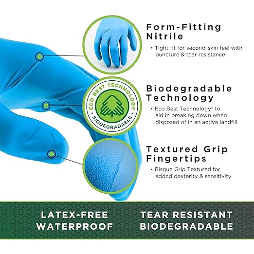 SHOWA 7500PF Sustainable EBT Latex-Free, Powder-Free, Nitrile Disposable Single Use Safety Gloves, 4 Mil, 9.5" Length, X-Small (1 Box/100 Gloves)