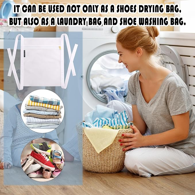 Shoe Drying Bag, Sneaker Bags for Dryer, Bag for Drying Shoes, Reusable Shoe Dryer Mesh Bags, Honeycomb Net Laundry Bags with Zipper & Strap for Washing Machine, Shoes, Clothing, 15.7x13.8 Inch, White