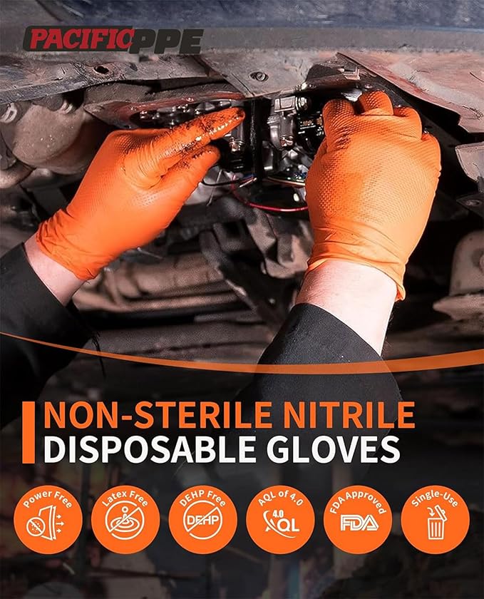 PACIFIC PPE 8 Mil Heavy-Duty Strength Nitrile Gloves, Chemical Resistant, Diamond Texture Industrial Disposable Gloves, Orange, 100PCs, XX-Large