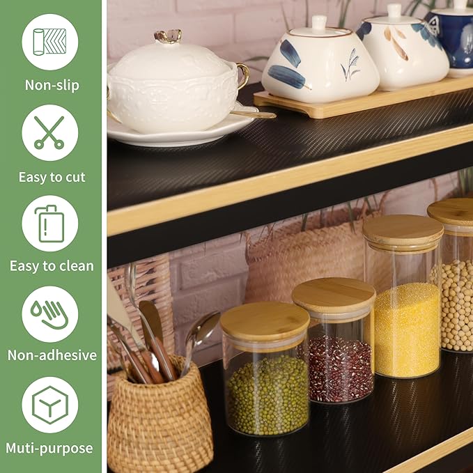 Shelf Liners 15 inch x 20 ft Shelf Liners for Kitchen cabinets nonstick Shelf Lining Drawer Mats EVA Protector for Cupboard (Black,15 inch x 20 ft)