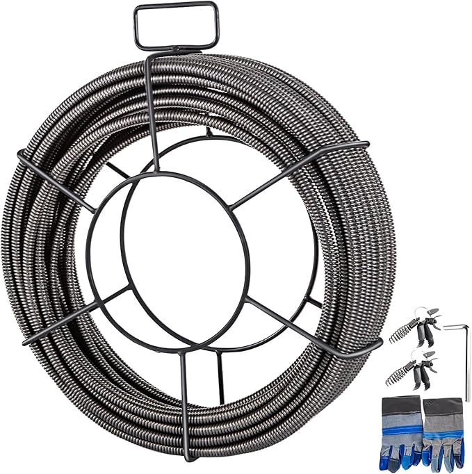 VEVOR Drain Cleaning Cable 100 ft x 1/2 inch Solid Core Cable Sewer Cable, Drain Auger Cable Cleaner, Snake Clog Pipe Drain Cleaning Cable W/Four Shapes of Cutters