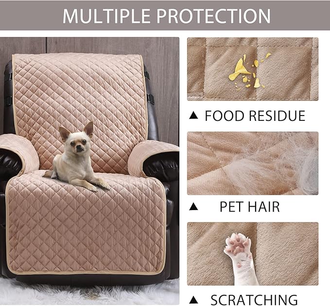 Velvet Recliner Covers Non Slip Waterproof Large Recliner Chair Covers for Leather Chairs Reversible Recliner Sofa Cover for Living Room Recliner Furniture Protectors Covers for Dog Pets Beige 28"