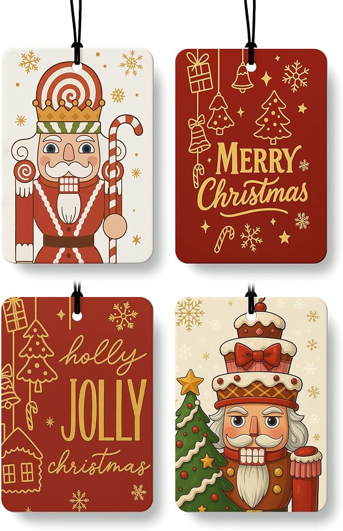 Red Christmas Car Air Freshener 4 Pcs, Retro Nutcracker Xmas Tree Winter Holiday Hanging Air Freshener for Cars Closet Drawer Books, Cute Christmas Car Accessories Mirror Decor for Women Men