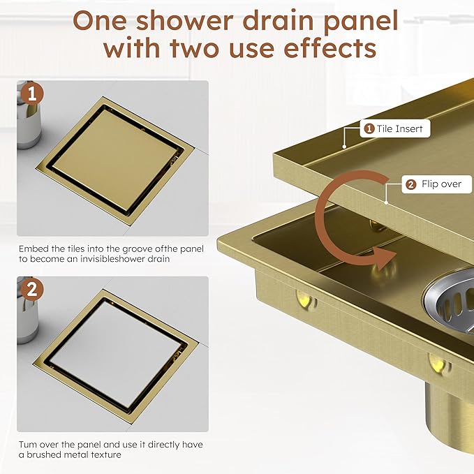 4 Inch Gold Square Shower Drain Kit with Flange,Modern Floor Drain with 2-in-1 Cover Tiled Insert Grate,Stainless Steel SUS 304