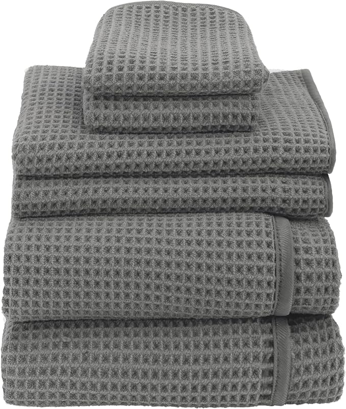 S&T INC. Aura Towel Set, 6 Piece Set, Premium Waffle Weave, Bath Towels, Wash Cloths and Hand Towels for Bathroom, Kitchen, and Home, Absorbent and Fast Drying Microfiber, 420gsm, 6 Pack, Grey