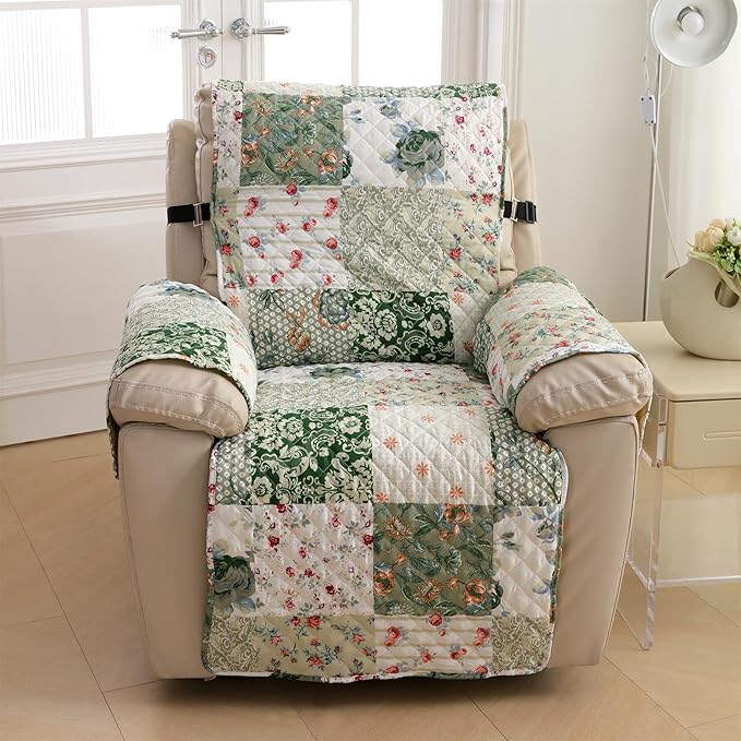 Cmfshape Skidproof Sofa Cover-Green Sofa Slipcover with Elastic Straps-Easy Fit Slip Cover-Bohemian Washable Furniture Protector for Pets and Kids(Recliner,Green)
