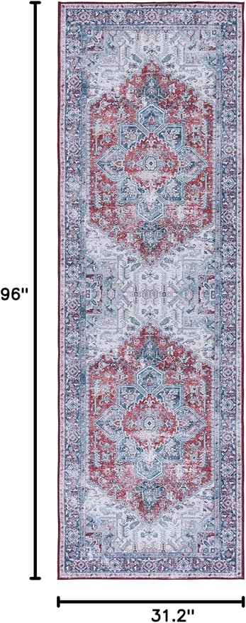 SAFAVIEH Washable Rug Tucson Collection - 2'6' x 8' Runner, Red & Navy, Slip Resistant & Easy to Clean, Ideal for Hallway, Foyer, Entryway, Bedroom (TSN101S)
