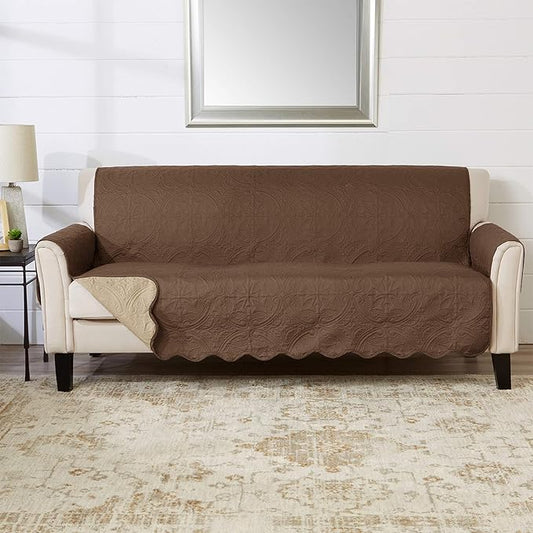 Great Bay Home Reversible Sofa Cover - Washable Slipcover Furniture Protector with Elastic Straps - Couch Cover for Dogs, Kids, and Pets - Quilted & Stitched Detail (Sofa, Chocolate/Taupe)