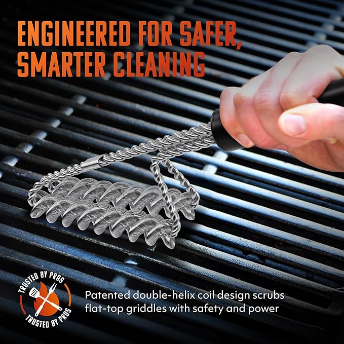 Brushtech Double Helix Safety Flat-Top Griddle Brush - Non-Toxic Grill Cleaning Brush with Stainless Steel Springs - Heavy-Duty BBQ Grill Cleaner, Great Gifts for Him, Made in USA