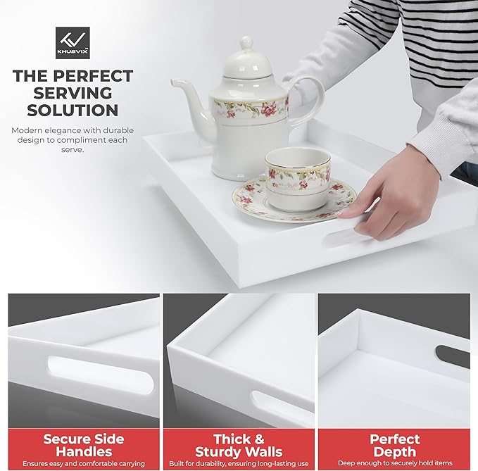 White Tray 16×12" with Cut Handles - Spill Proof Decorative Tray is an Ideal Countertop Organizer for Living Rooms, Ottoman Coffee Tables, Offices, Kitchens & Serving Guests