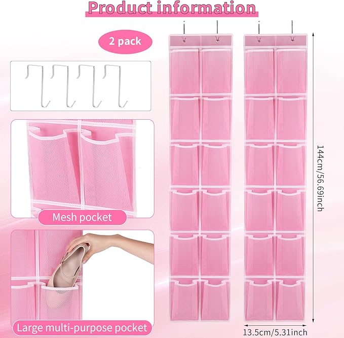 Over the Door Hanging Shoe Organizer, 12 Large Pockets, 2-Pack