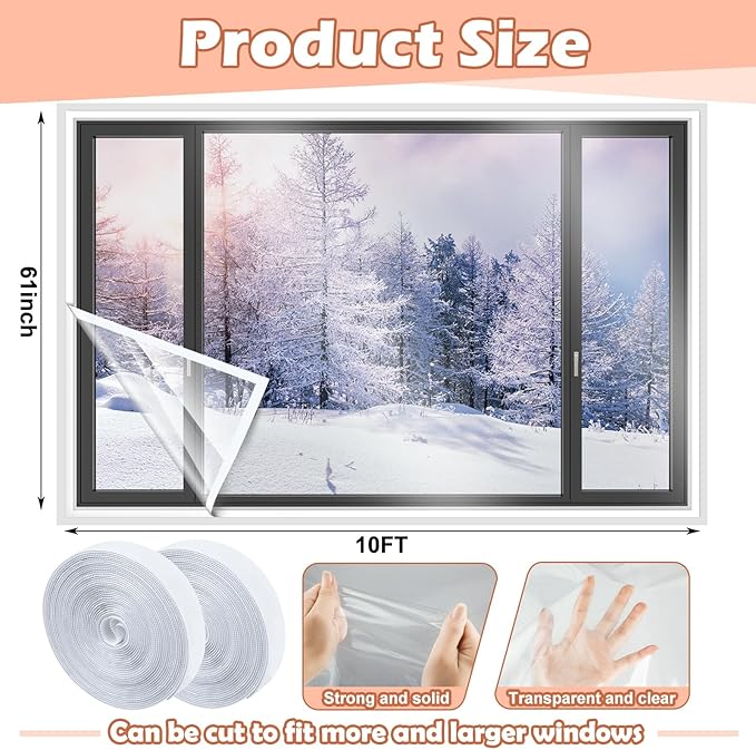 63 Inch x 10 ft Window Insulation Kit Cuttable Transparent Film with Adhesive Straps Reusable Window Plastic for Winterizing Thicken Thermal Waterproof Attic Insulation Cover Warm Winter