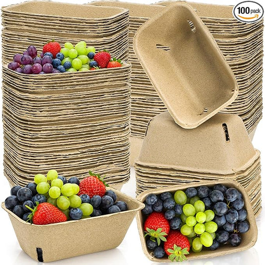 100 Pack Natural Pulp Fiber Berry Baskets, Rectangle Strawberry Produce Vented Container, Bulk Molded Fruit Boxes, Vegetable Picking Holder for Farmers Market, Grocery Store, Backyard Party
