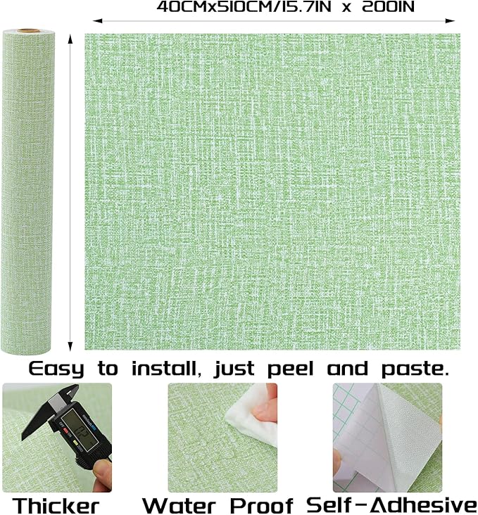 Peel and Stick Wallpaper Green Grass Cloth Wall Paper - 15.7 x 200 Inch Self Adhesive Wallpaper Peel and Stick, Easy to Paste Wall Contact Paper for Stand Liner, Table and Door Makeover Decor