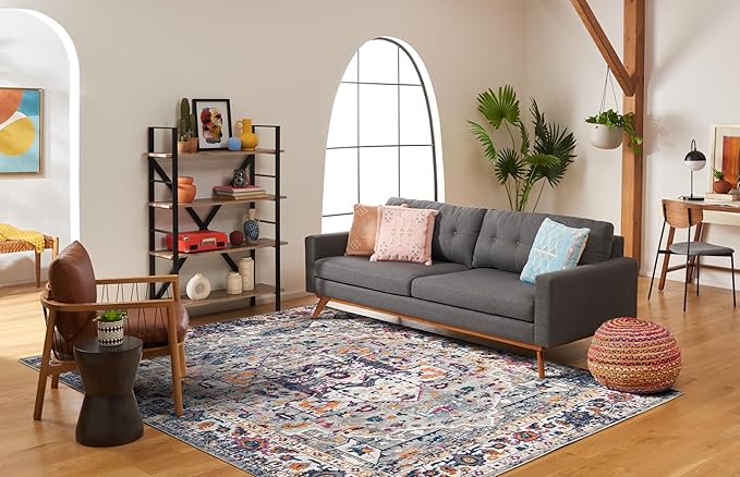 SAFAVIEH Evoke Collection Area Rug - 9' x 12', Grey & Navy, Oriental Medallion Distressed Design, Non-Shedding & Easy Care, Ideal for High Traffic Areas in Living Room, Bedroom (EVK275G)