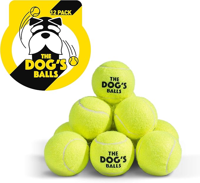 The Dog's Balls Dog Tennis Balls for Dogs, Yellow, 12-Pack - Non-Abrasive Felt Fetch Balls, Tough Rubber Core, Float in Water, Fits Standard Launchers