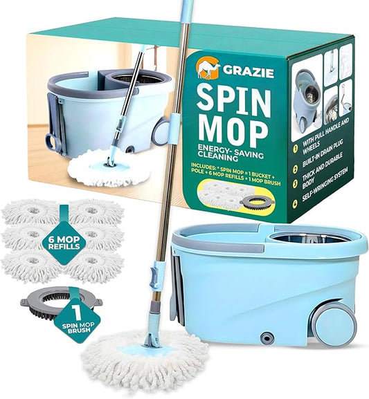 Grazie Spin Mop & Bucket Set - 360° Self-Wringing System with Wheels, Stainless Steel Handle - Hands-Free Floor Cleaning for Hardwood, Tile, Laminate - Includes 6 Washable Microfiber Mop Head Refills